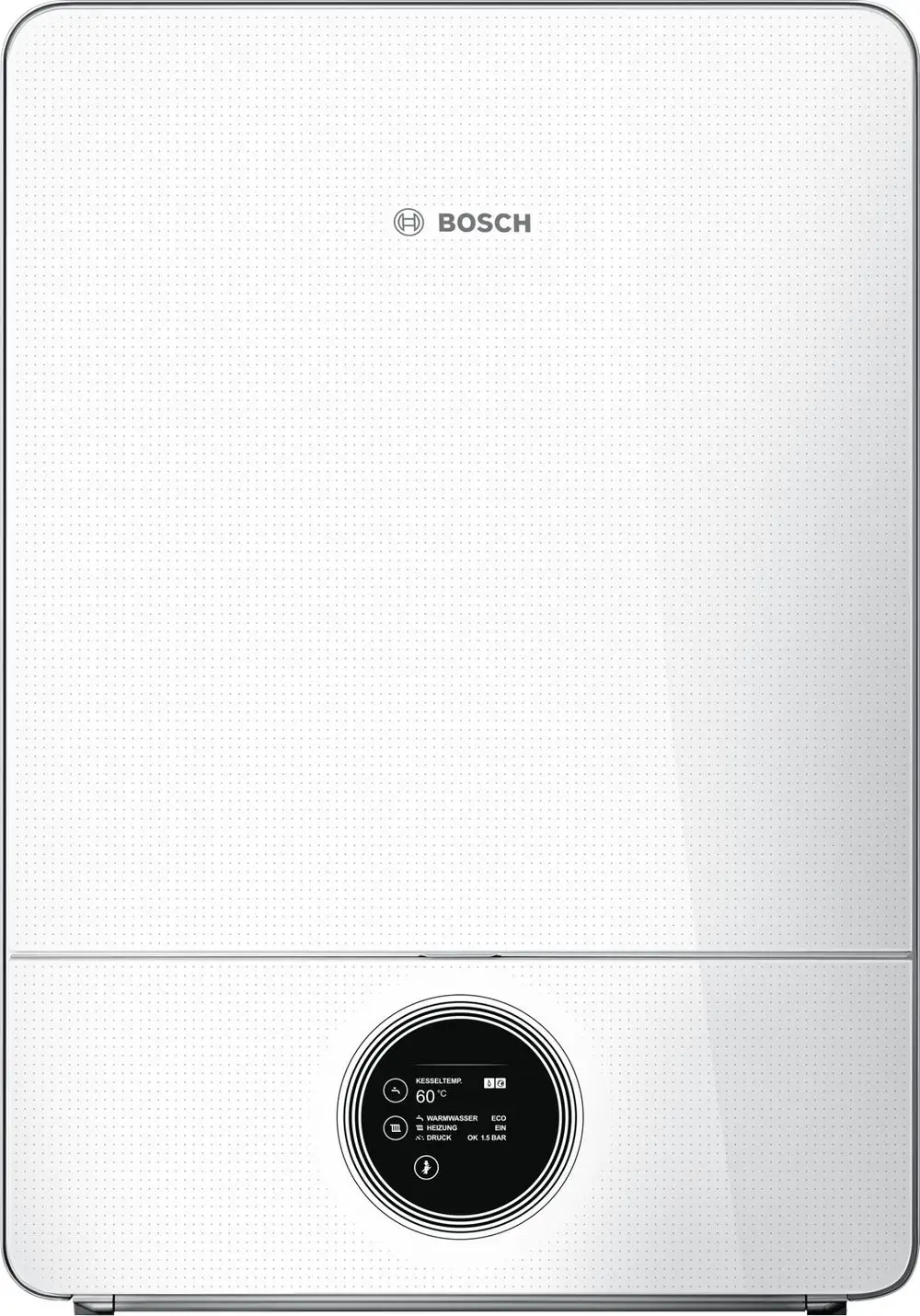 Weißes wandhängendes Heizgerät von Bosch mit digitalem Display und Temperaturanzeige. Funktionen wie Kesseltemperatur und Druck sind sichtbar.